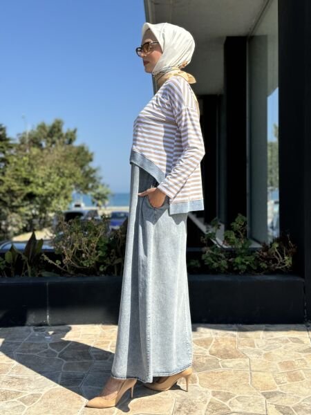 Almarwah Üstü Çizgili Bolerolu İkili Askılı Kot Elbise 202630 BEJ - 38