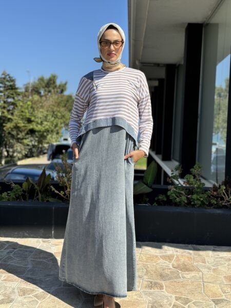 Almarwah Üstü Çizgili Bolerolu İkili Askılı Kot Elbise 202630 BEJ - 38