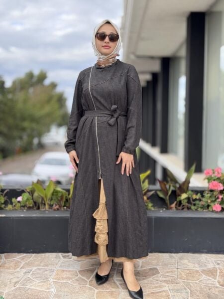 Misswhence Çizgi Detaylı Fermuarlı İkili Elbise 38812