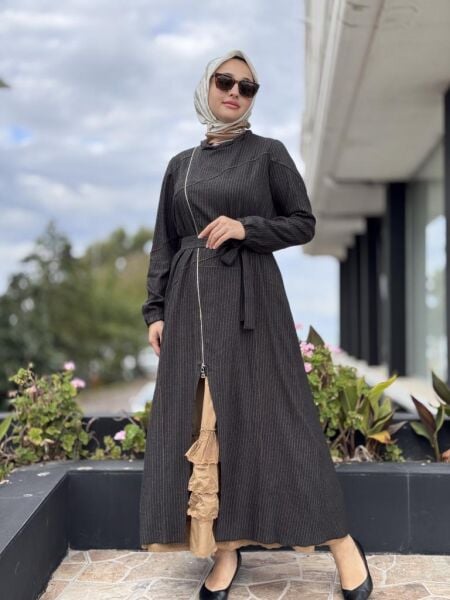 Misswhence Çizgi Detaylı Fermuarlı İkili Elbise 38812