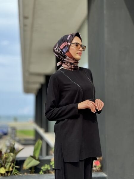 Almarwah Fermuar Detaylı Siyah Rayon Tunik Pantolon Takım 202680