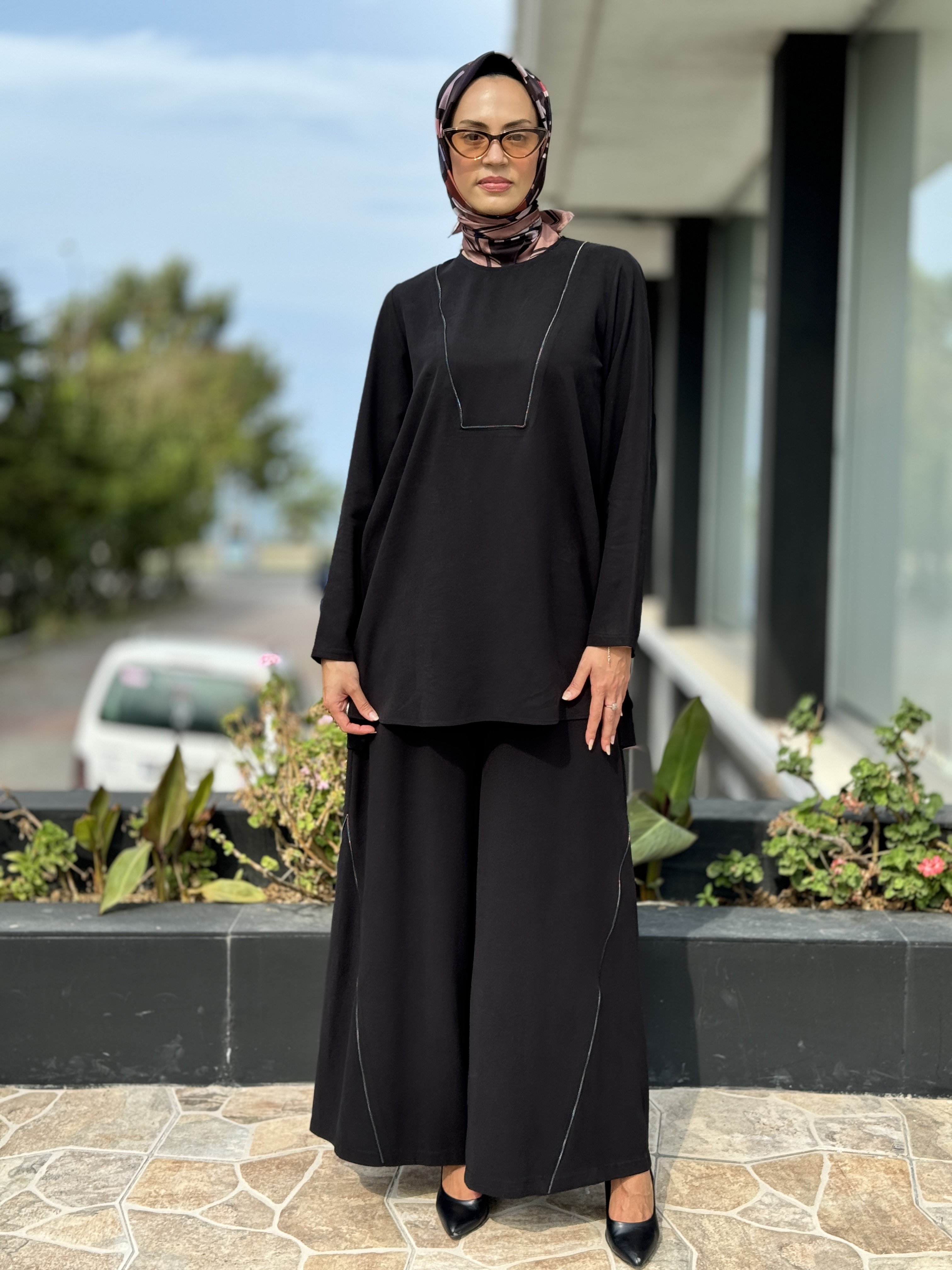 Almarwah Fermuar Detaylı Siyah Rayon Tunik Pantolon Takım 202680