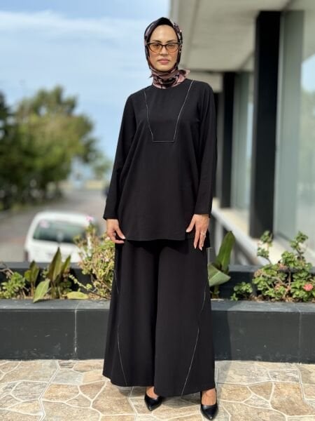 Almarwah Fermuar Detaylı Siyah Rayon Tunik Pantolon Takım 202680