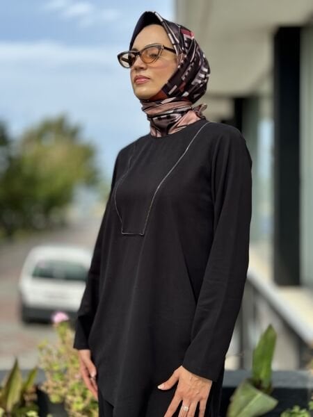Almarwah Fermuar Detaylı Siyah Rayon Tunik Pantolon Takım 202680