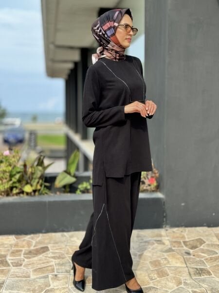 Almarwah Fermuar Detaylı Siyah Rayon Tunik Pantolon Takım 202680