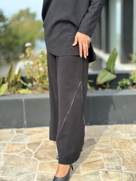 Almarwah Fermuar Detaylı Siyah Rayon Tunik Pantolon Takım 202680
