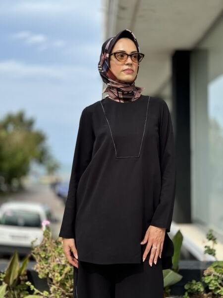 Almarwah Fermuar Detaylı Siyah Rayon Tunik Pantolon Takım 202680