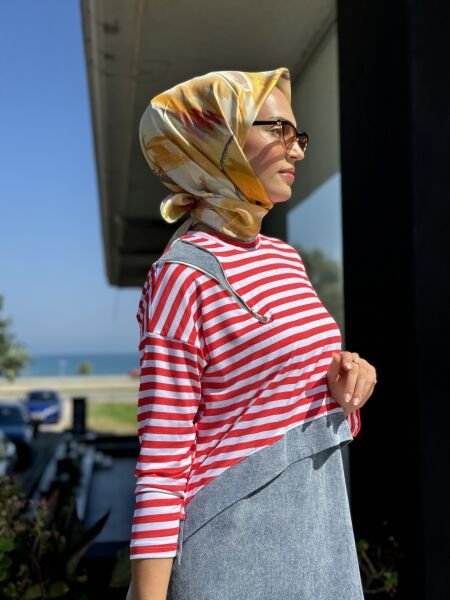 Almarwah Üstü Çizgili Bolerolu İkili Askılı Kot Elbise 202630 KIRMIZI - 42