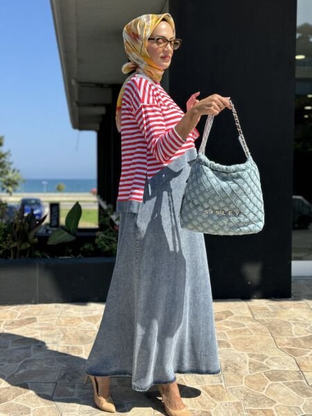 Almarwah Üstü Çizgili Bolerolu İkili Askılı Kot Elbise 202630 KIRMIZI - 42