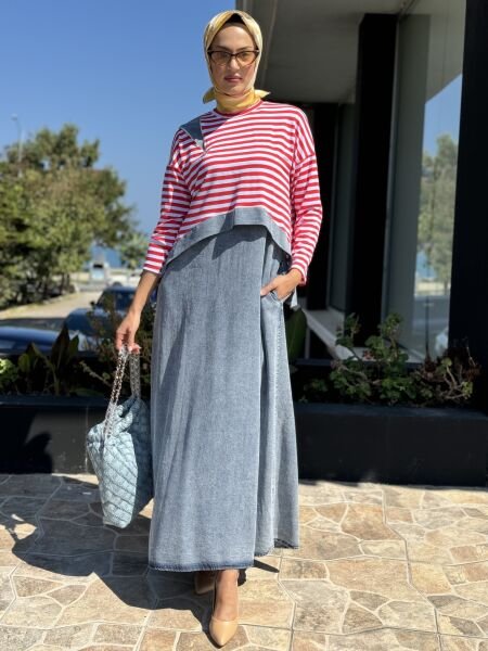 Almarwah Üstü Çizgili Bolerolu İkili Askılı Kot Elbise 202630 KIRMIZI - 42