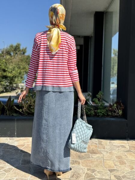 Almarwah Üstü Çizgili Bolerolu İkili Askılı Kot Elbise 202630 KIRMIZI - 42