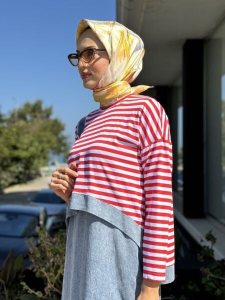 Almarwah Üstü Çizgili Bolerolu İkili Askılı Kot Elbise 202630 KIRMIZI - 42