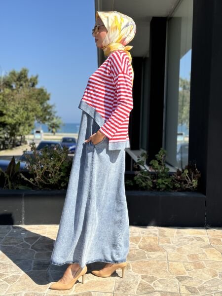 Almarwah Üstü Çizgili Bolerolu İkili Askılı Kot Elbise 202630 KIRMIZI - 42