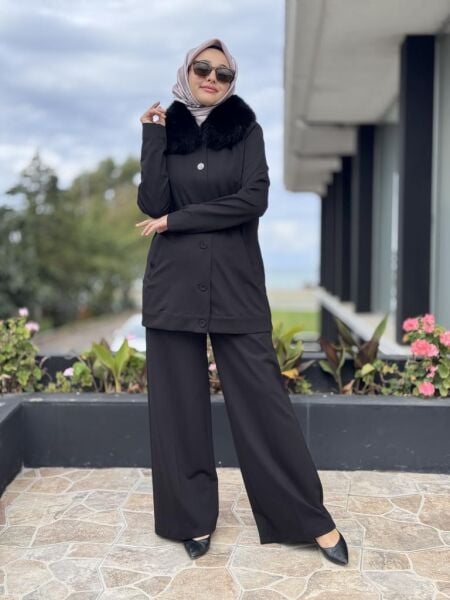 Qupra Seyyar Kürklü Metalik Düğmeli Kap Pantolon Takım WAC92003