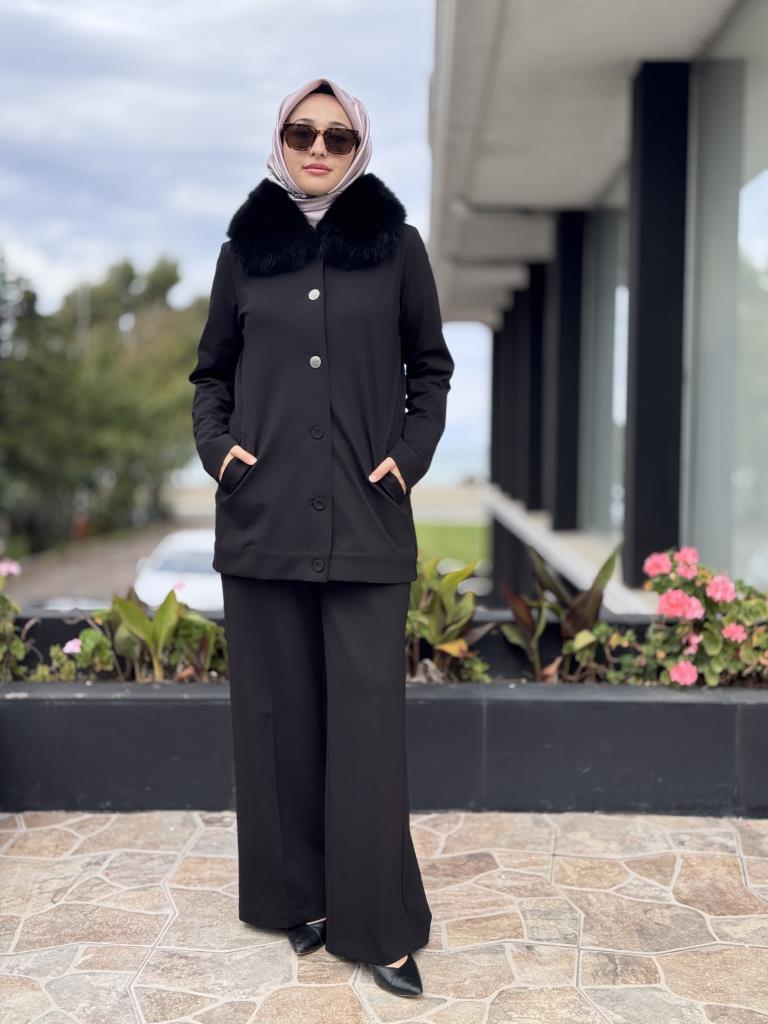 Qupra Seyyar Kürklü Metalik Düğmeli Kap Pantolon Takım WAC92003