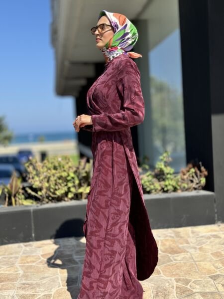 Almarwah Kendinden Desenli Cupra İpek Tulum/Elbise 90464 BORDO - 38