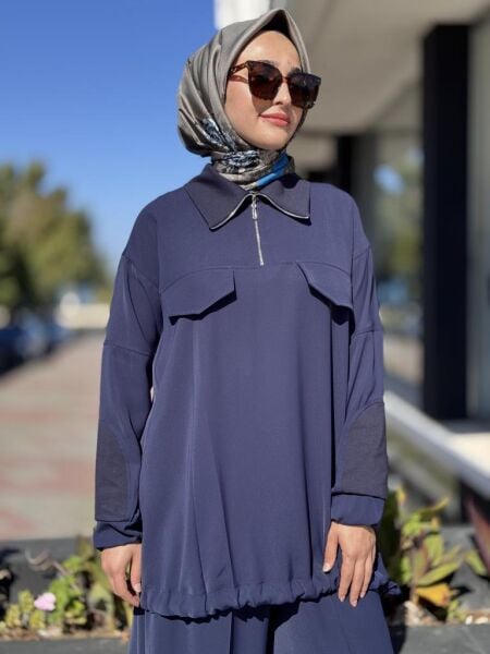 Misswhence Triko Detaylı Fermuar Yakalı Tunik Pantolon Takım 38008