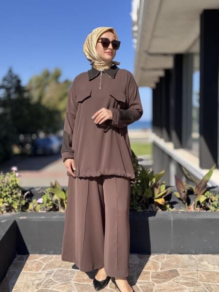 Misswhence Triko Detaylı Fermuar Yakalı Tunik Pantolon Takım 38008