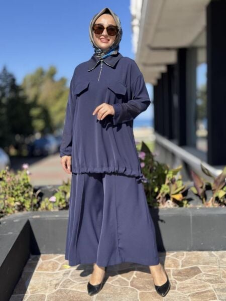 Misswhence Triko Detaylı Fermuar Yakalı Tunik Pantolon Takım 38008