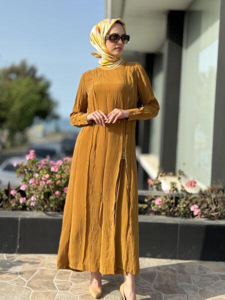 Misswhence Fermuarlı İpek Elbise 35800 Hardal - 38
