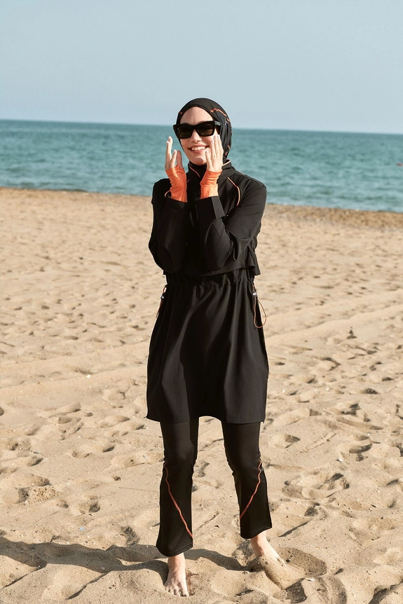 Haşema Performans Serisi Turuncu Biyeli 5 Parça Siyah Tesettür Mayo HSM2019