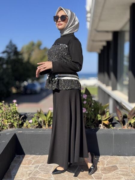 Misswhence Önü Şerit Rugan Detaylı Bluz Etek Takım 38027