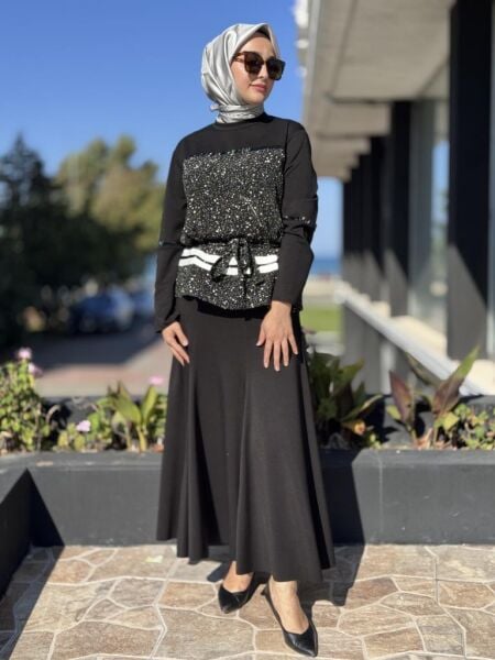 Misswhence Önü Şerit Rugan Detaylı Bluz Etek Takım 38027