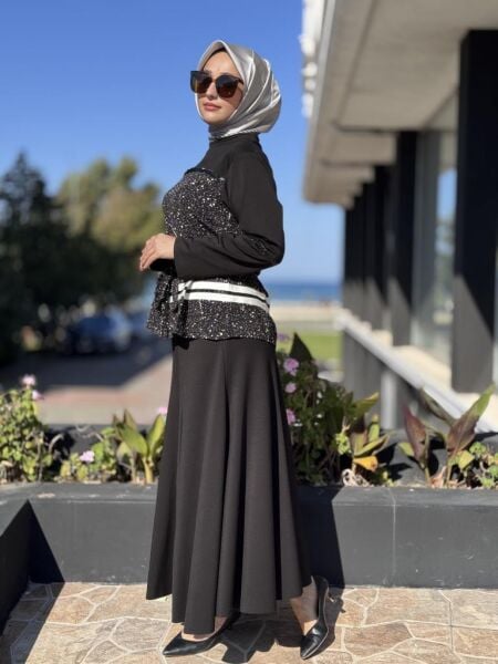 Misswhence Önü Şerit Rugan Detaylı Bluz Etek Takım 38027