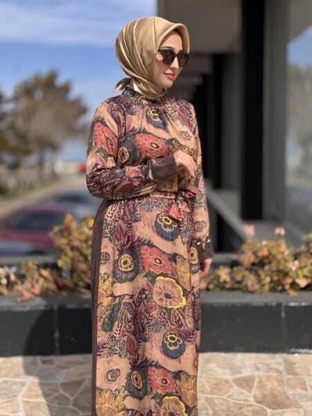 Almarwah Desenli Saten Elbise 303837