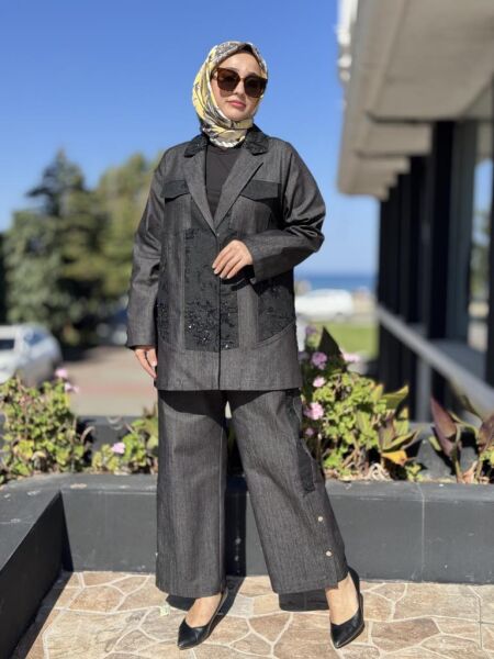 Ghisa Payet Detaylı Kot Ceket Pantolon Takım 3209