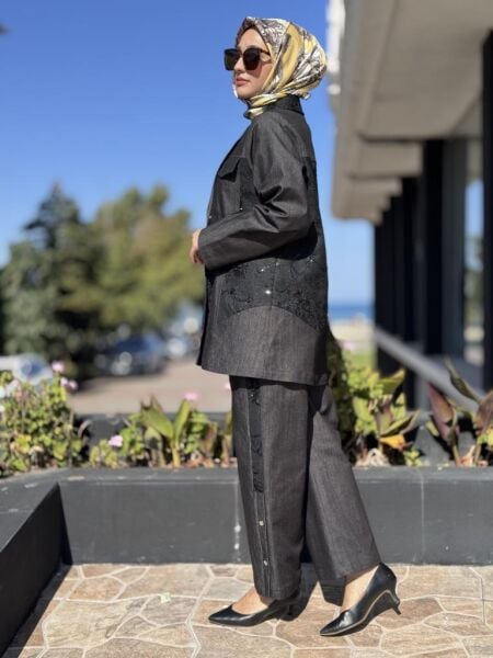 Ghisa Payet Detaylı Kot Ceket Pantolon Takım 3209