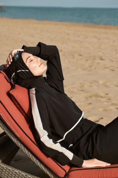 Haşema Esila H-Per Serisi 6 Parça Jileli Siyah-Beyaz Tam Tesettür Mayo Takımı HSM3125