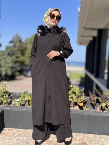 Qupra Seyyar Kürk Kapüşonlu Çıtçıt Kapamalı Uzun Kap WAC91014