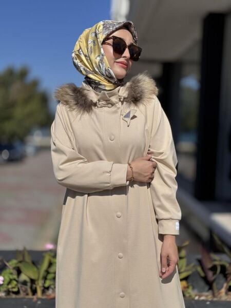 Qupra Seyyar Kürk Kapüşonlu Çıtçıt Kapamalı Uzun Kap WAC91014