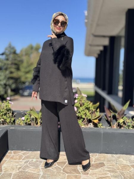 Qupra Kolu Kürk Detaylı Balıkçı Yaka Tunik Pantolon Takım WAC92015