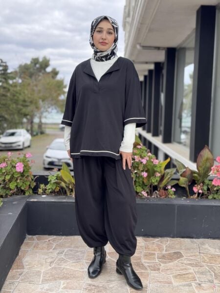 Almarwah Kontrast Biyeli Şalvarlı 3 lü Takım 202945