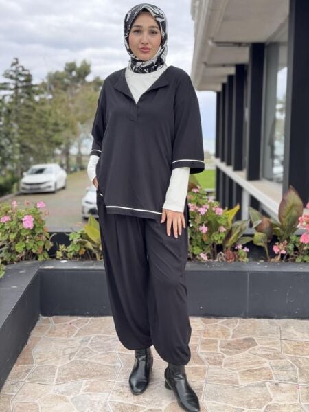 Almarwah Kontrast Biyeli Şalvarlı 3 lü Takım 202945