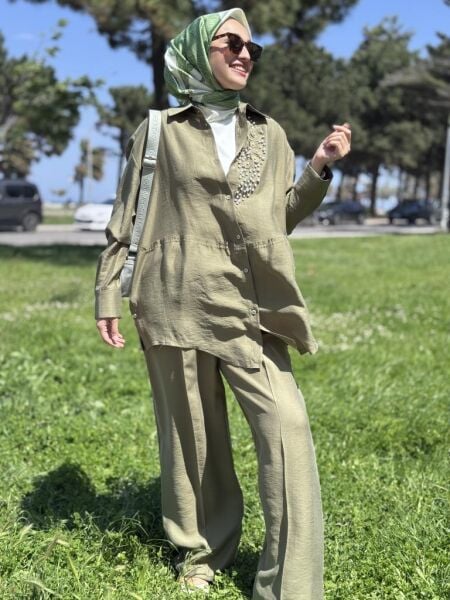 Qupra İncili Gömlek Pantolon Takım WAB82074