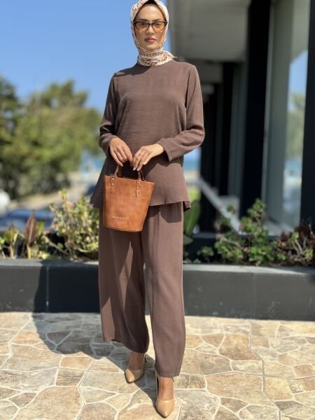 Almarwah Ceket Tunik Pantolon 3lü Takım 202641 36 - ORANJ-KAHVE