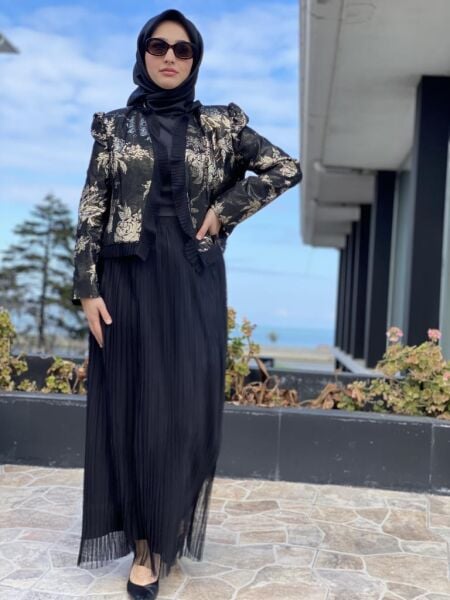 Almarwah Jakar İşlemeli Ceket-Pliseli Elbise Takım 90332