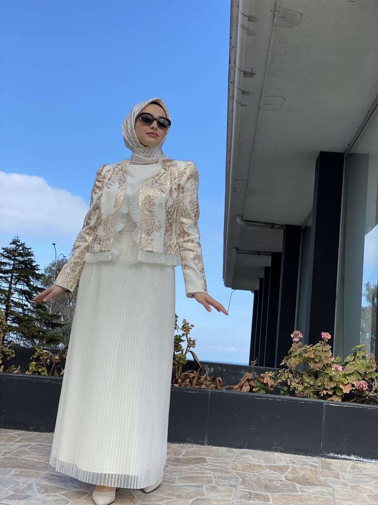 Almarwah Jakar İşlemeli Ceket-Pliseli Elbise Takım 90332