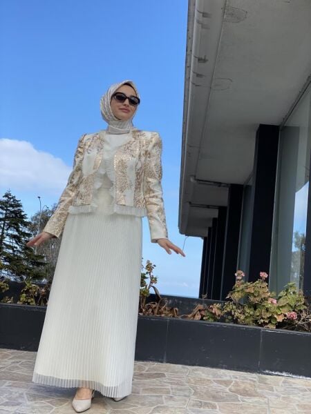 Almarwah Jakar İşlemeli Ceket-Pliseli Elbise Takım 90332