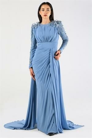 Kenzel Omuz ve Kol İşlemeli Lacivert Abiye Elbise (KENZEL-1100)