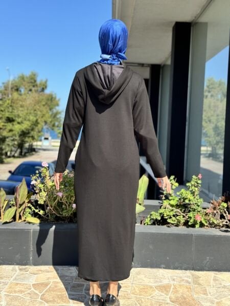Almarwah Deri Detaylı Kapüşonlu Siyah Modal Kap 404900