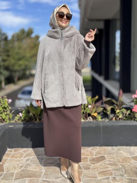 WOM BTQ Fermuarlı Kapüşonlu Kürk Kaban