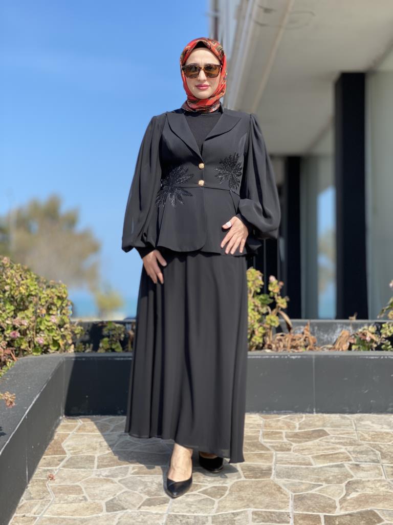 Almarwah Kolları Organze Nakış Detaylı Ceket Etek Şık Takım 90513