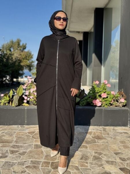 Almarwah Fermuarlı Kapüşonlu Siyah Modal Kap 404911