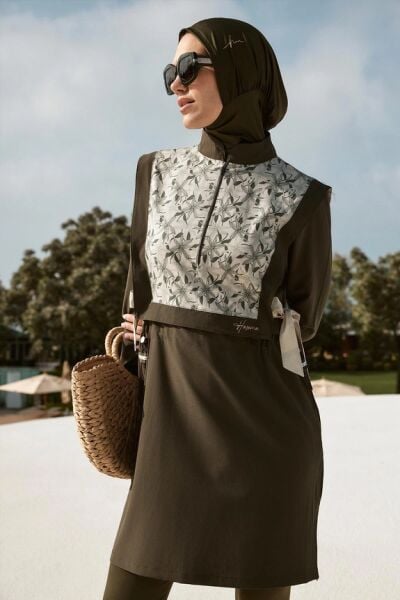 Haşema Kurdela Detaylı Haki 5 Parça Tesettür Mayo Takımı HSM5008