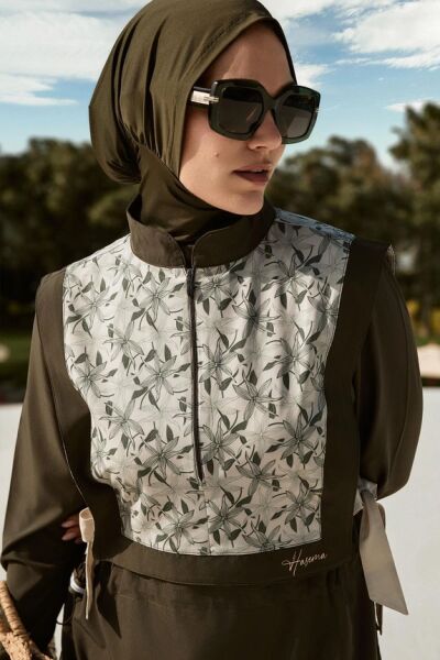 Haşema Kurdela Detaylı Haki 5 Parça Tesettür Mayo Takımı HSM5008