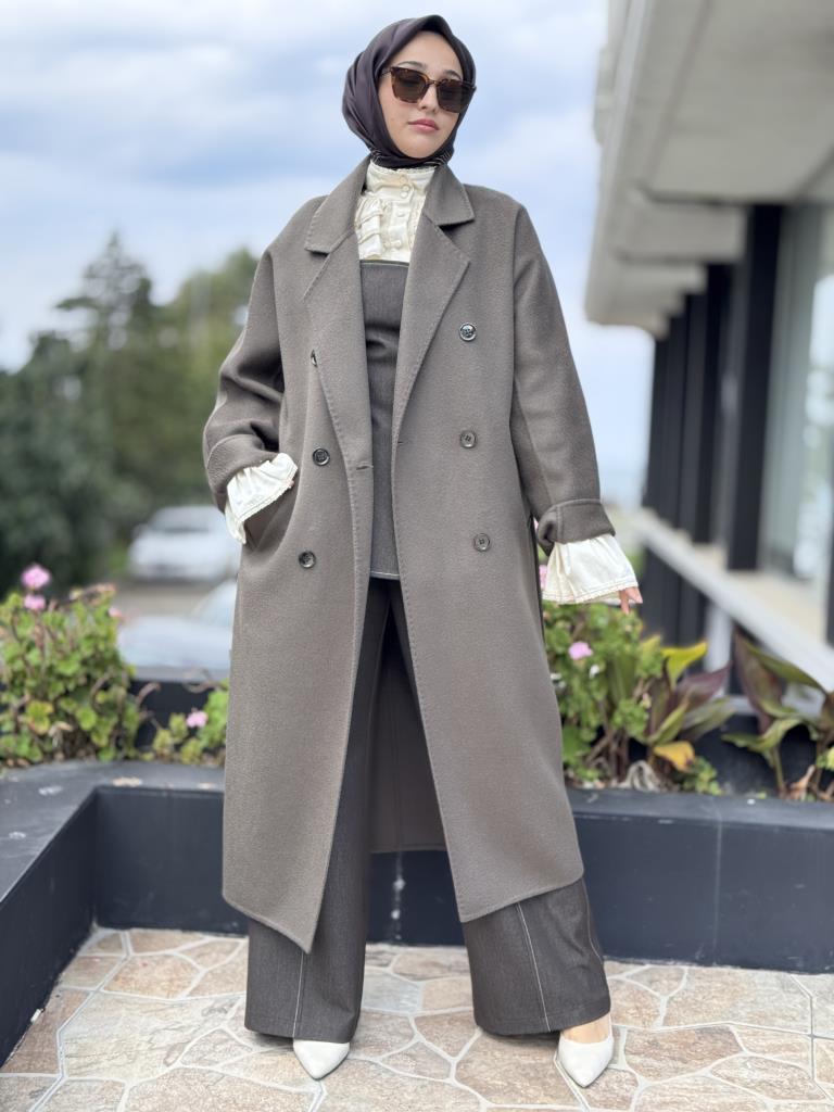 WOM BTQ Hakiki Zibellino Kuşaklı Düğmeli Yün Kaban